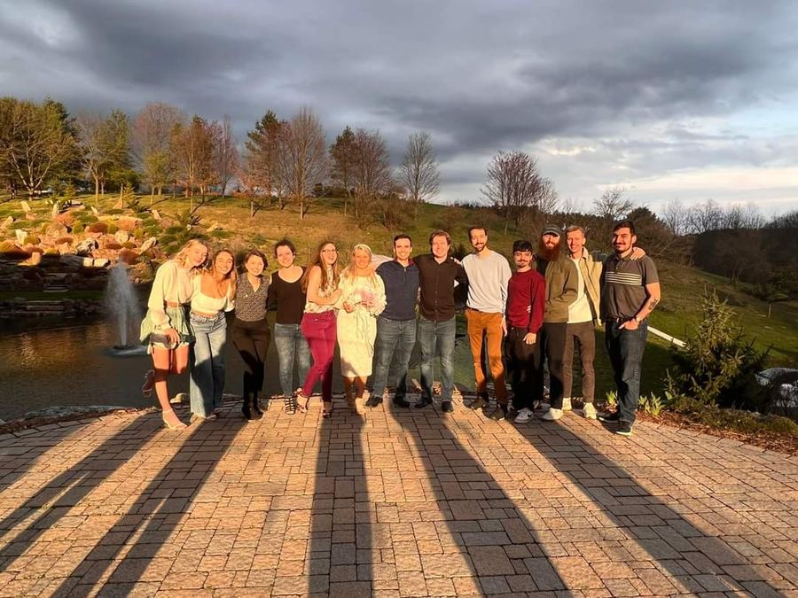 The wedding party at sunset